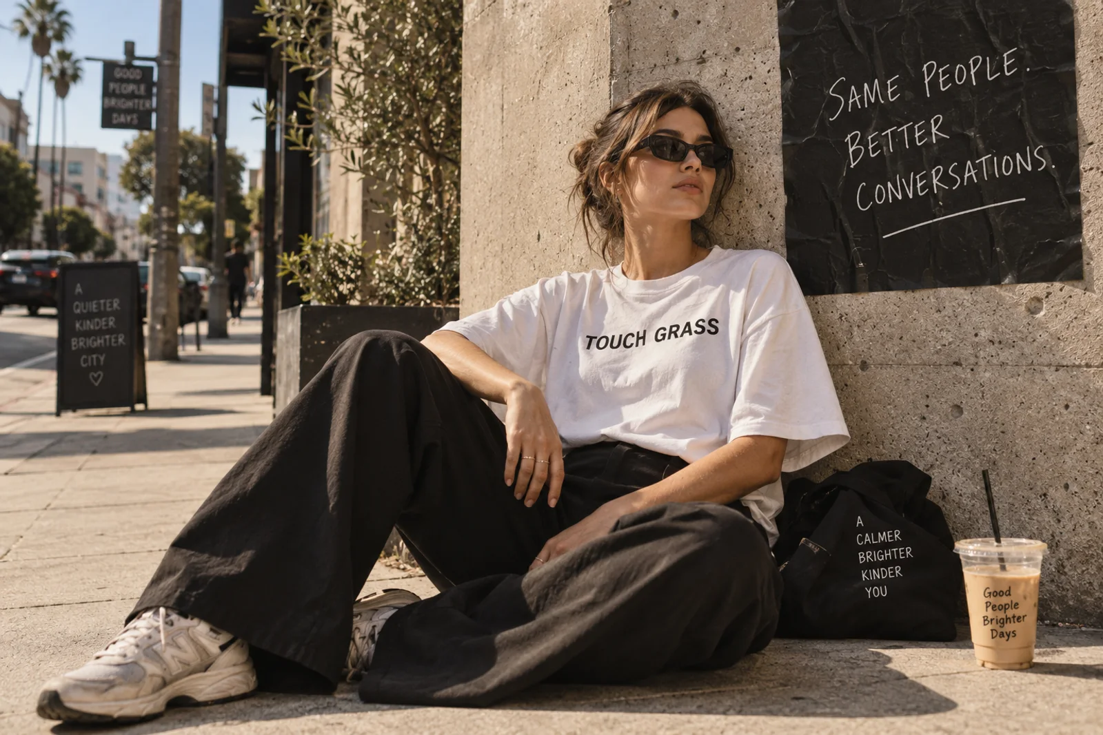 Concept imagery: a woman in a Touch Grass shirt on a sunlit city sidewalk.